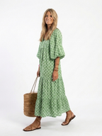 Geometric Print Summer Dress with Balloon Sleeves and Tiered Skirt