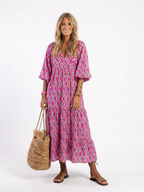 Geometric Print Summer Dress with Balloon Sleeves and Tiered Skirt