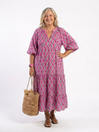 Geometric Print Summer Dress with Balloon Sleeves and Tiered Skirt