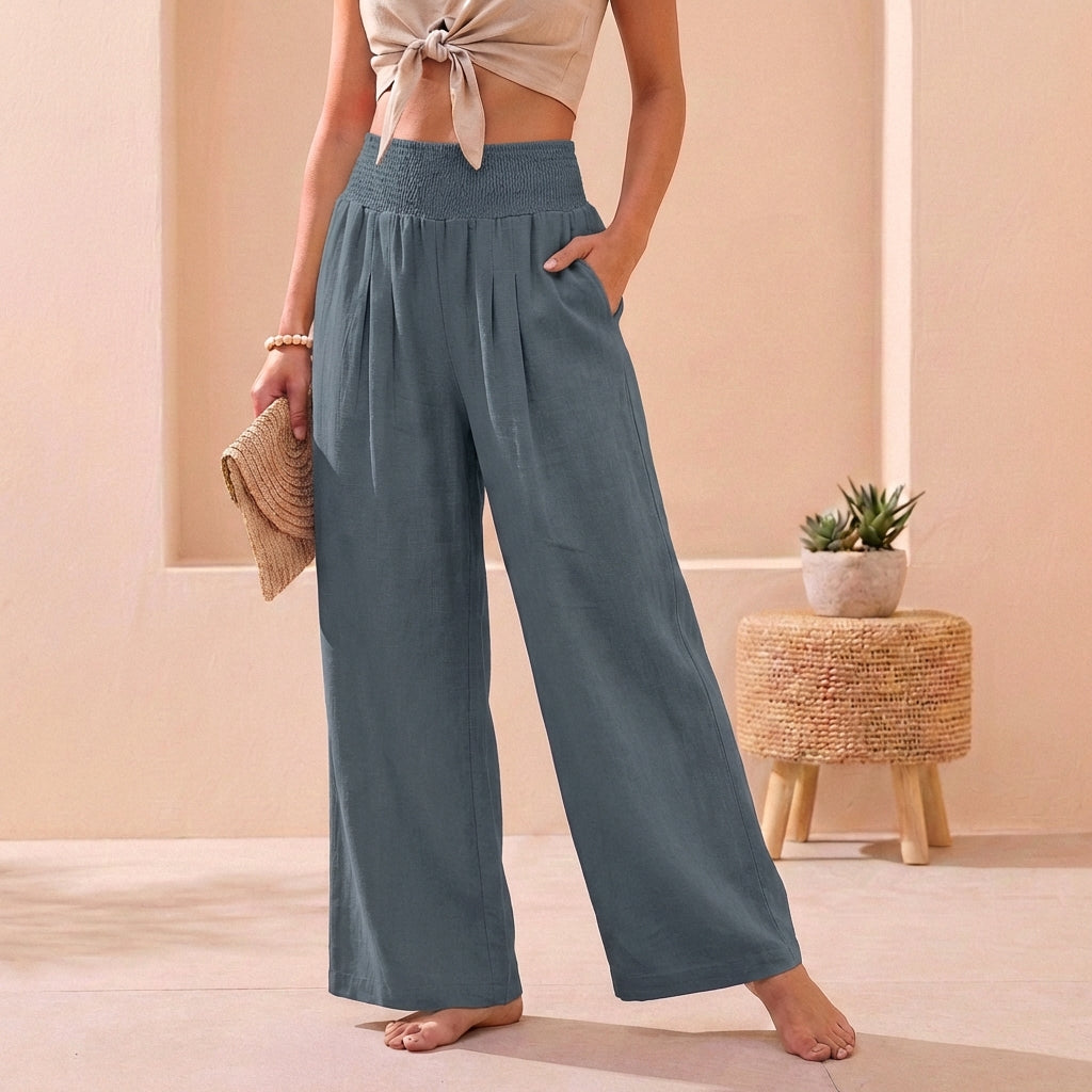 Alexandra Flowing Wide-Leg Pants with Smocked Waistband
