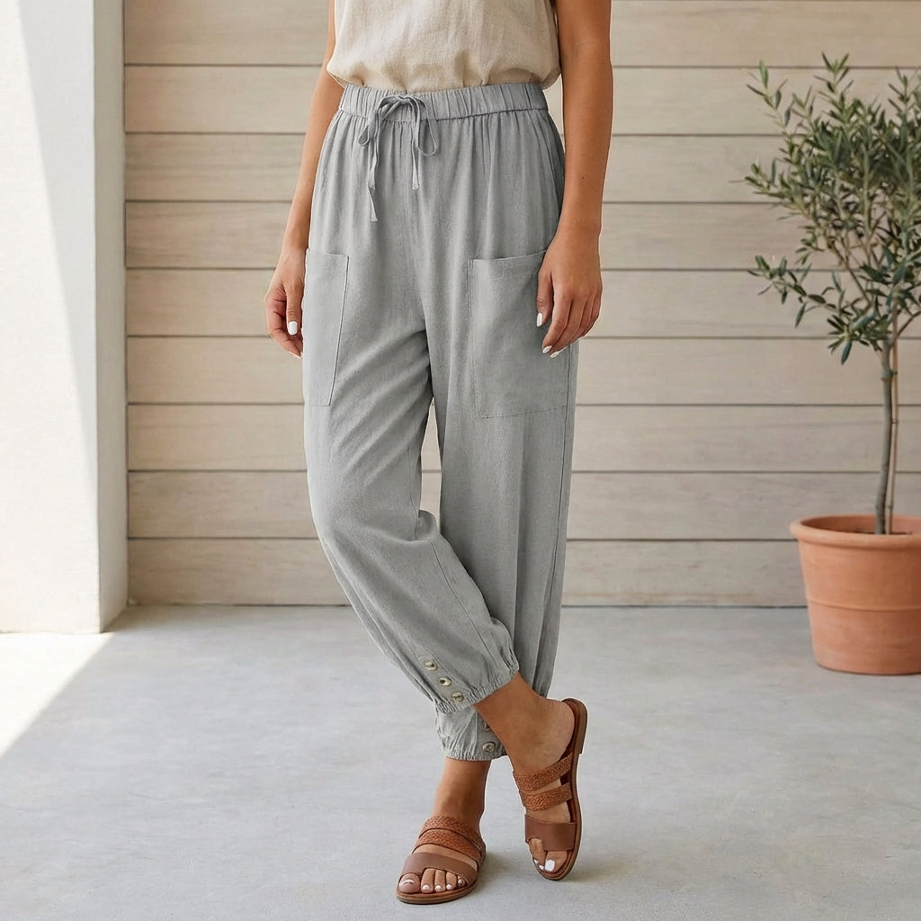 High-Waisted Relaxed Cropped Pants with Gathered Ankles