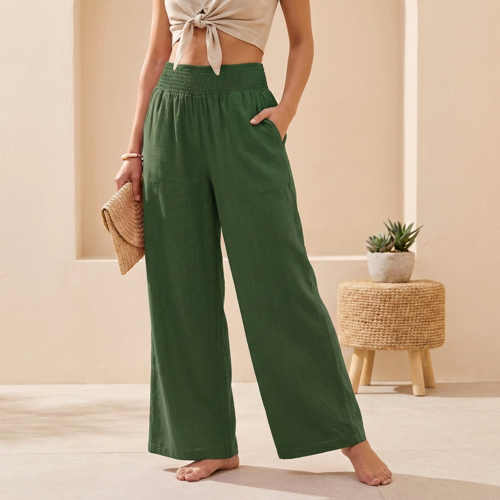 Alexandra Flowing Wide-Leg Pants with Smocked Waistband