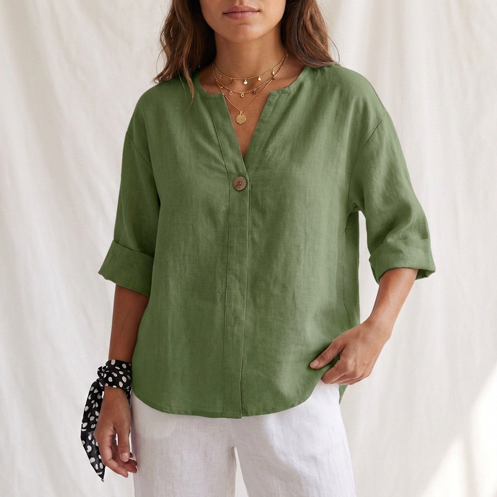 Cotton Linen V Neck Button Front Blouse
