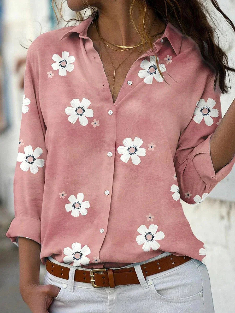 Floral button up long sleeve shirt top in pink, front view
