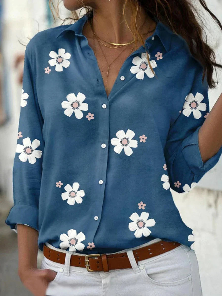 Gray floral button up long sleeve shirt top, front view