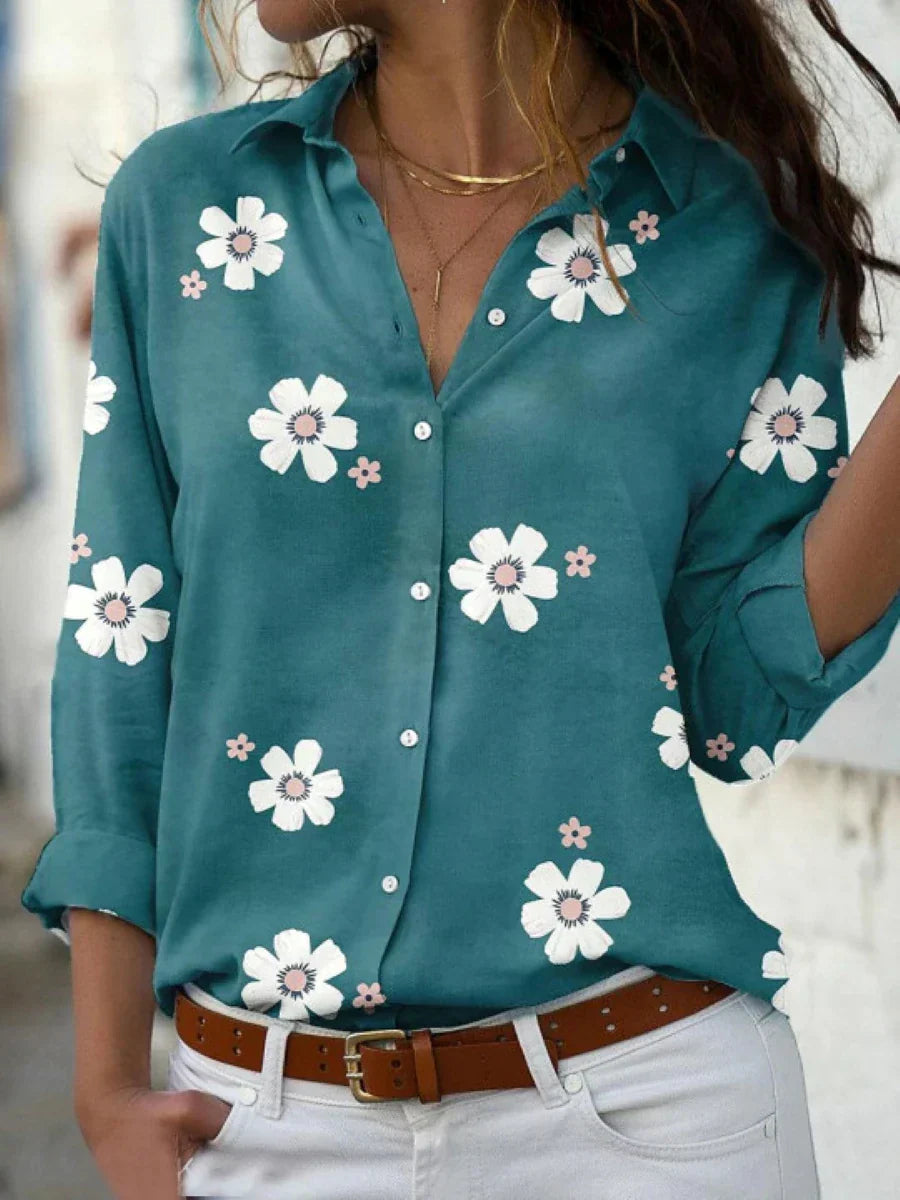 Pink and gray floral button up long sleeve top women, detail view