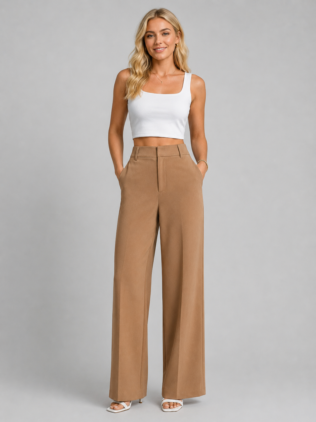 White high-waist wide-leg pleat-front Pants