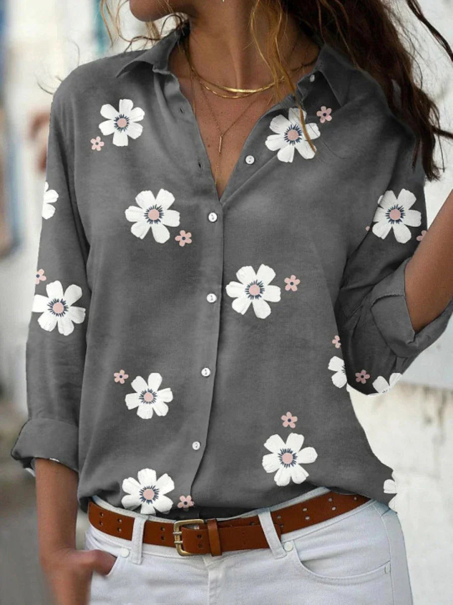 Pink floral button up shirt top for women, full length view