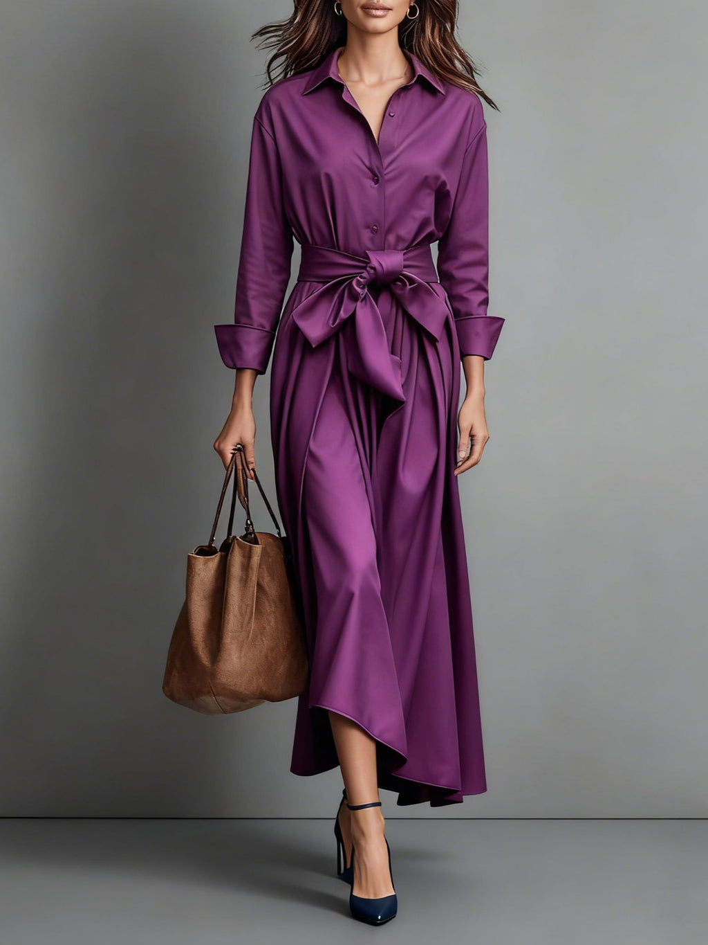 Black Wedding Guest Shirt Collar Midi Dress, front view