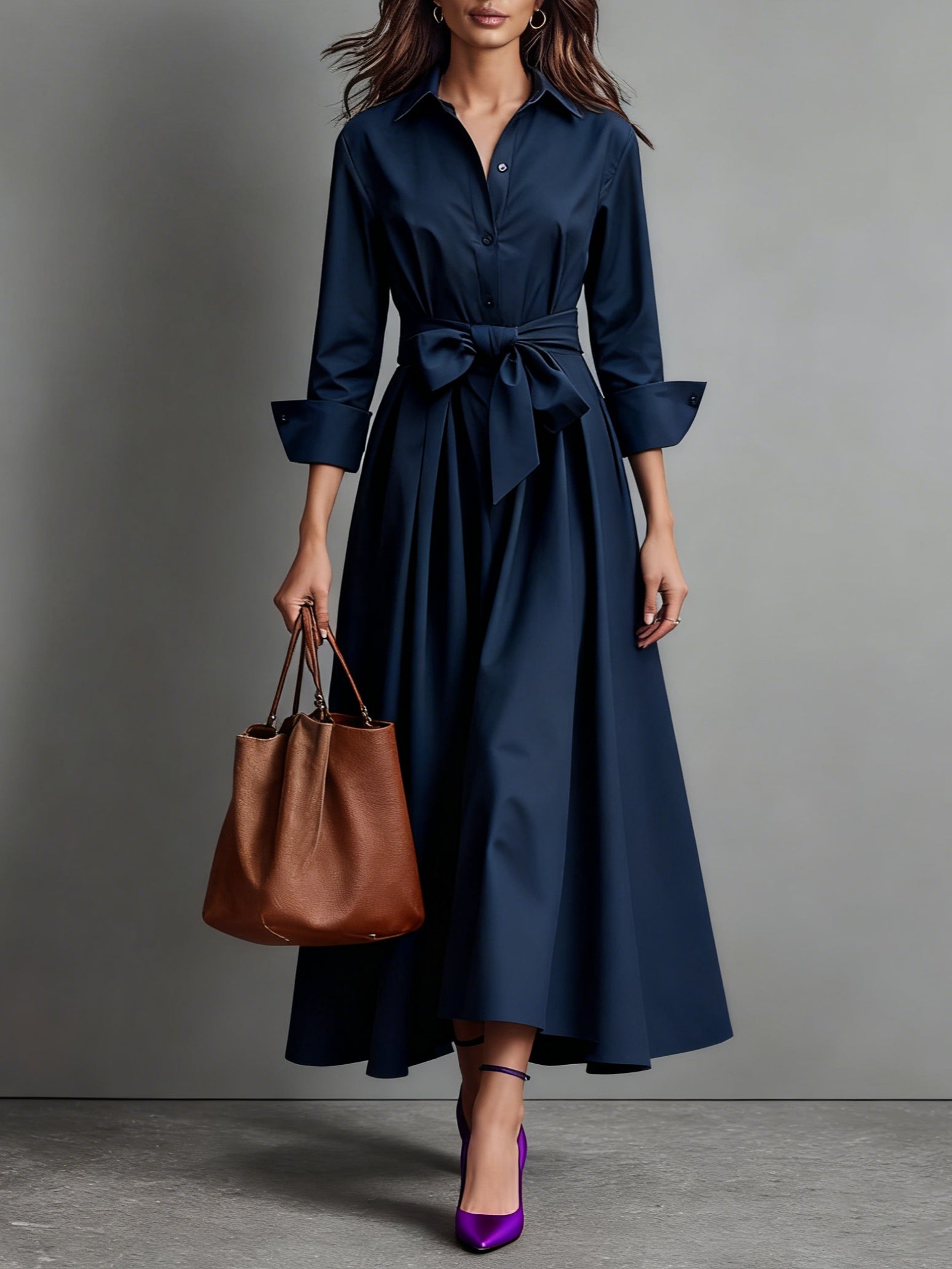 Black Wedding Guest Shirt Collar Midi Dress