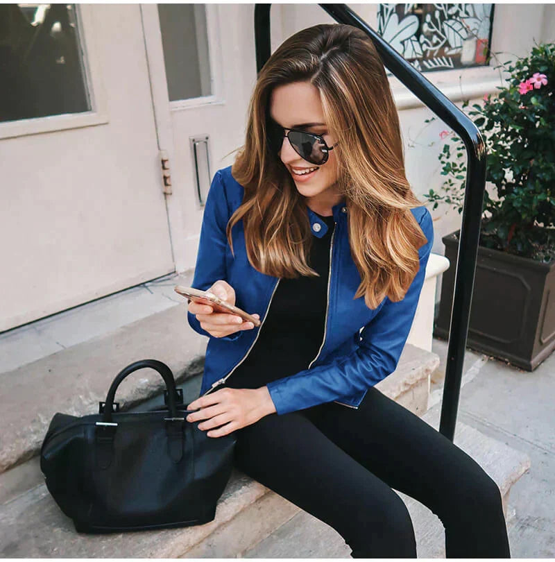 Blue Italian Leather Biker Jacket, front view