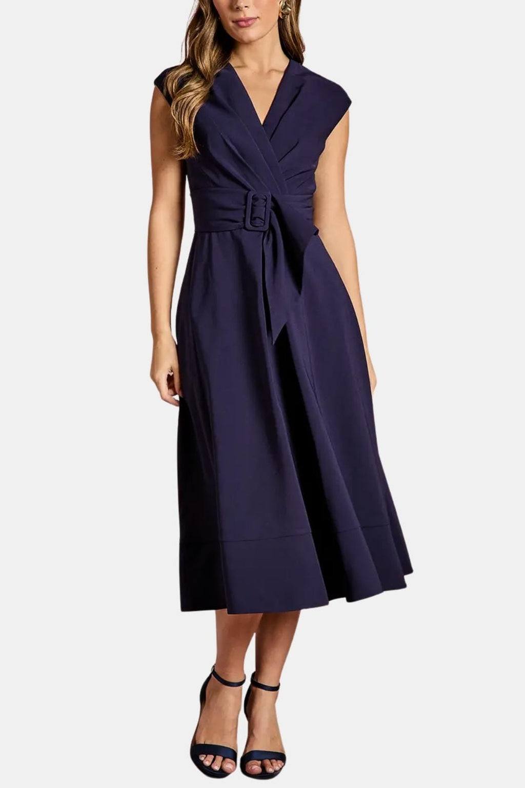 Belted V Neck Crepe Midi Dress Occasion
