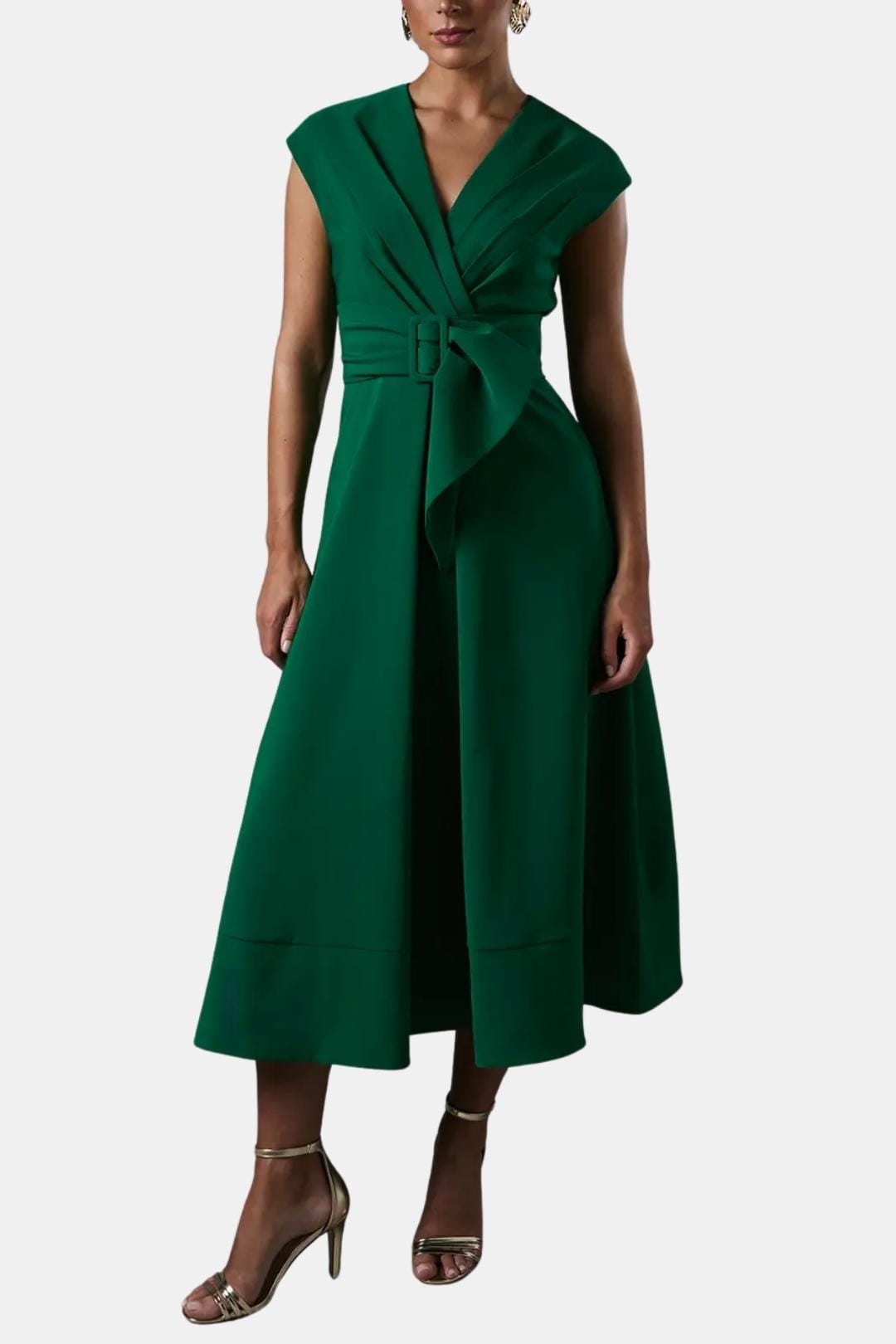 Belted V Neck Crepe Midi Dress Occasion
