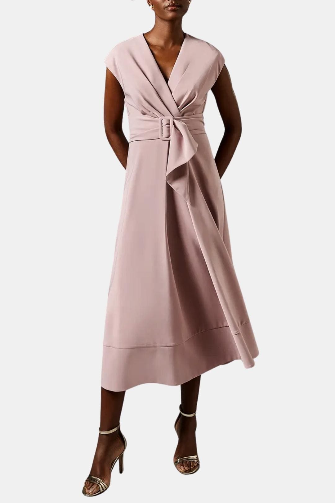 Belted V Neck Crepe Midi Dress Occasion