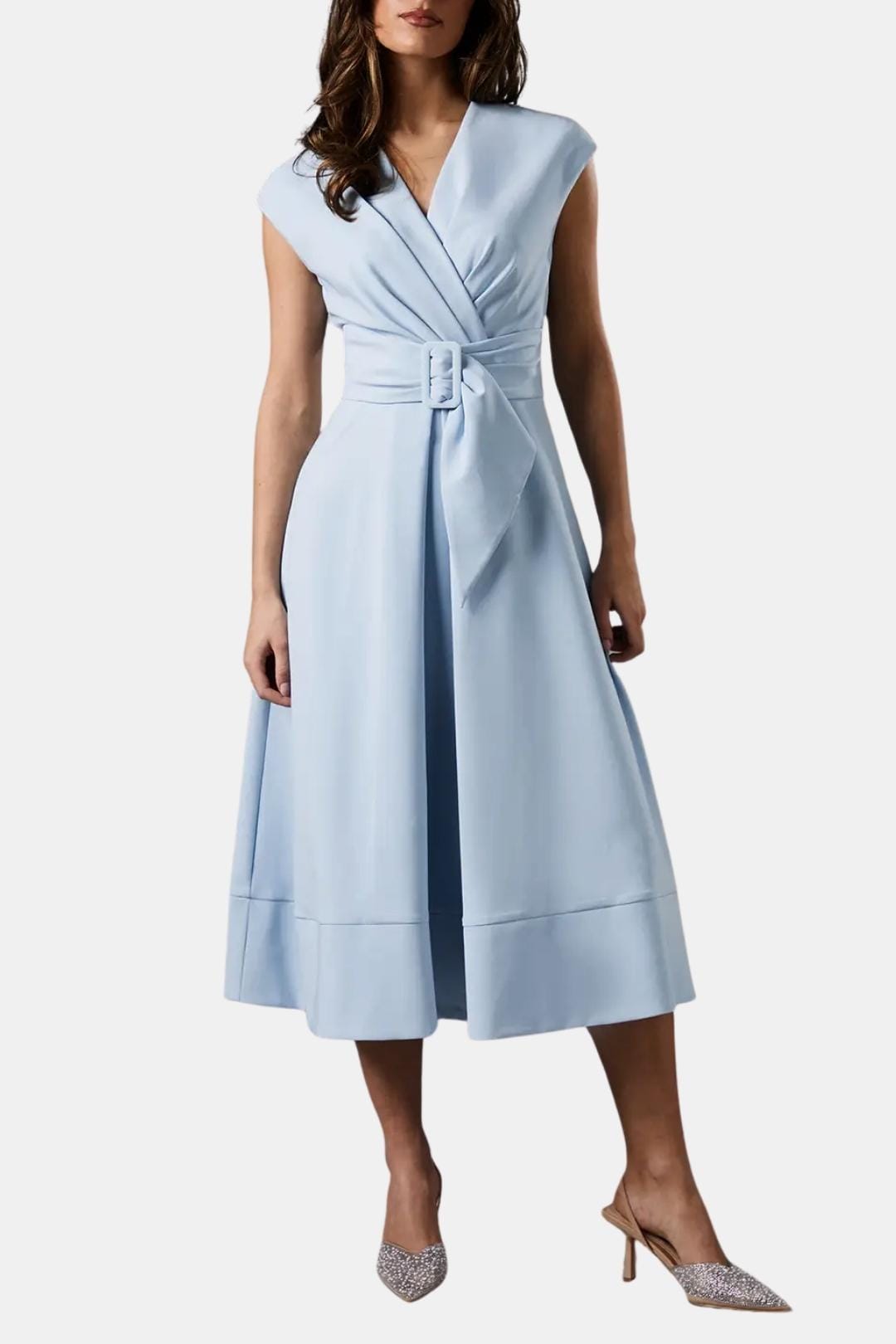 Belted V Neck Crepe Midi Dress Occasion