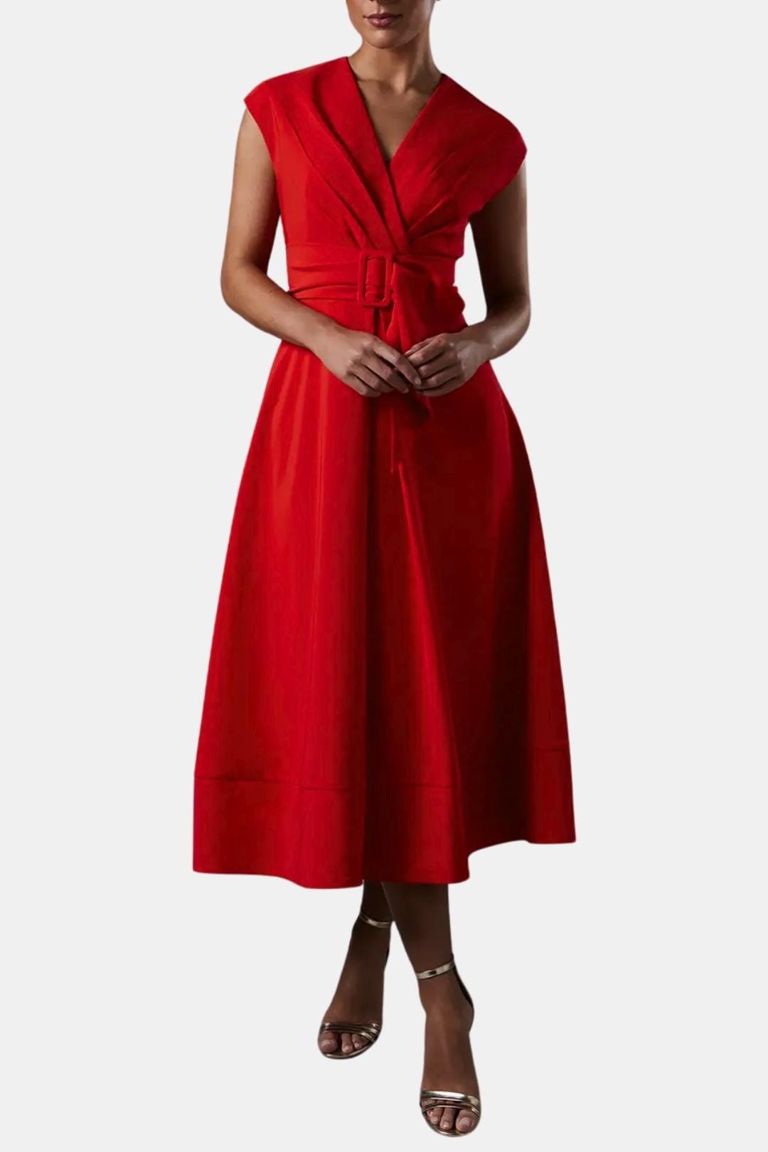 Belted V Neck Crepe Midi Dress Occasion