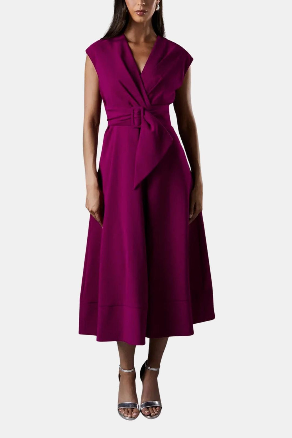 Belted V Neck Crepe Midi Dress Occasion