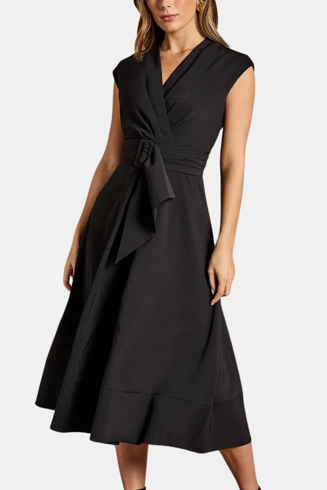 Belted V Neck Crepe Midi Dress Occasion