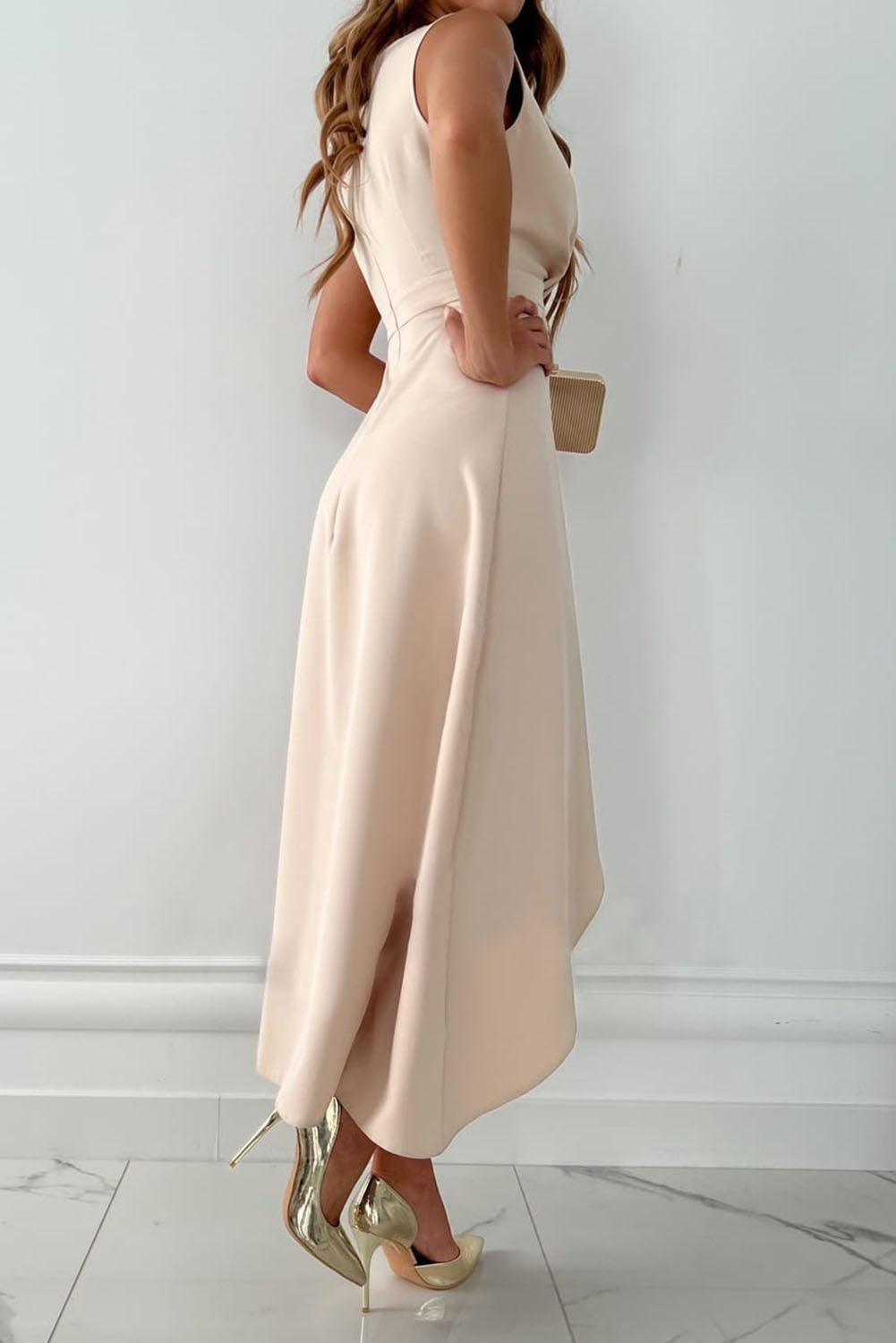 Satin Sleeveless Asymmetric Wrap Wedding Midi Dress