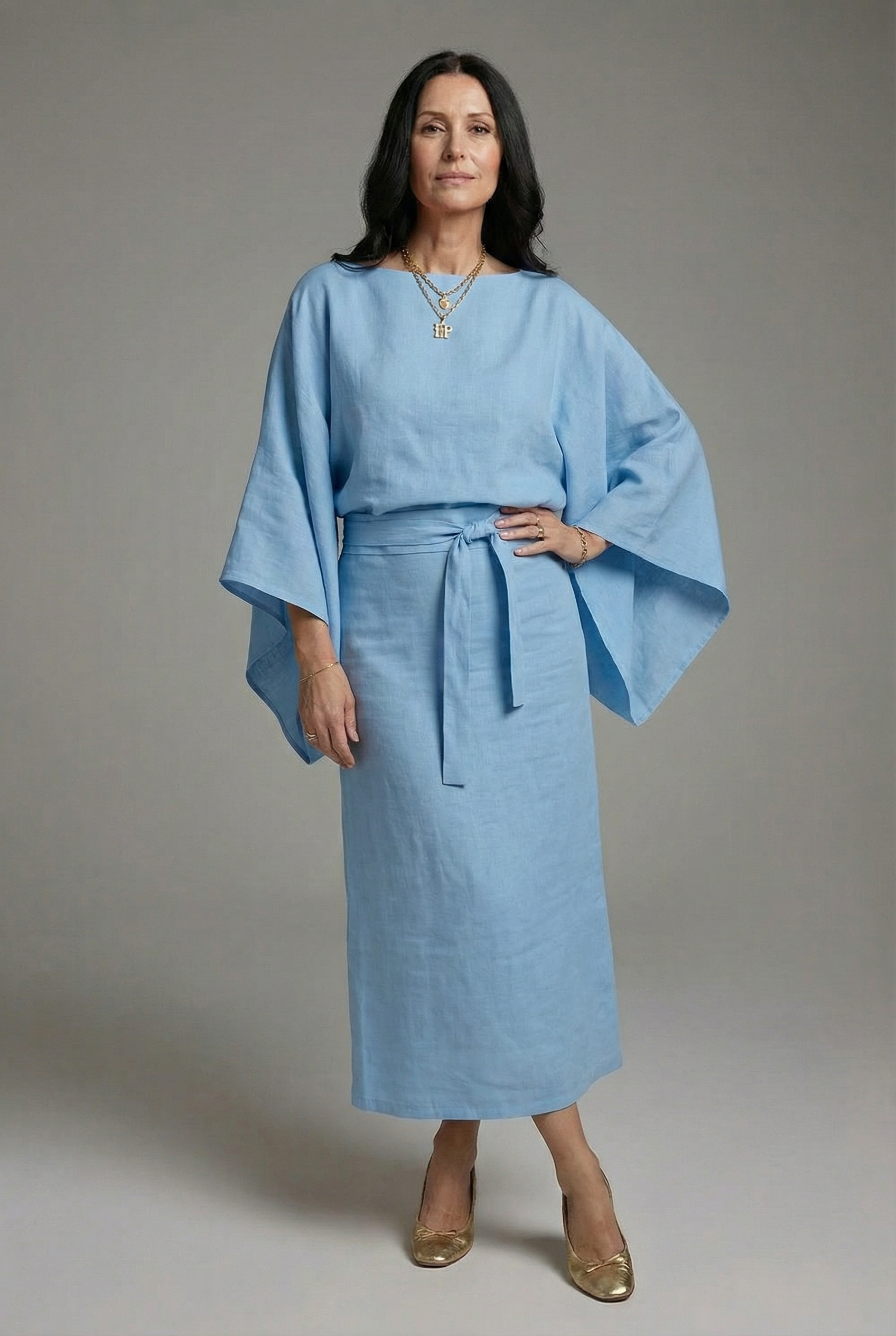 Women's Kimono Midi Dress – Relaxed Fit with Tie Waist & Flowing Sleeves