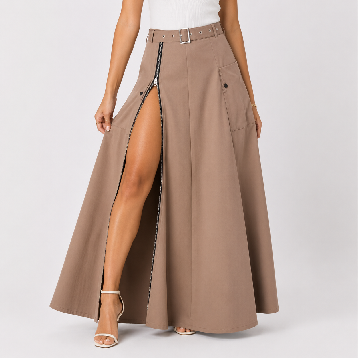 Khaki Maxi Cargo Skirt, front view