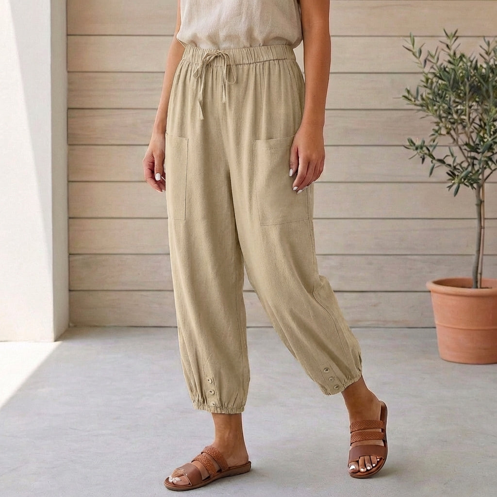 High-Waisted Relaxed Cropped Pants with Gathered Ankles