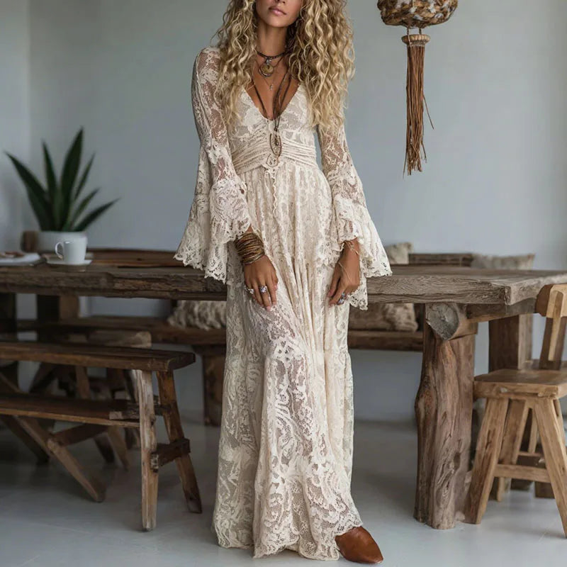 Embroidered Deep V Neck Flare Sleeve Maxi Dress