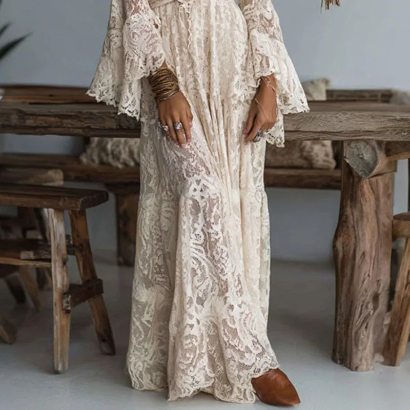 Embroidered Deep V Neck Flare Sleeve Maxi Dress