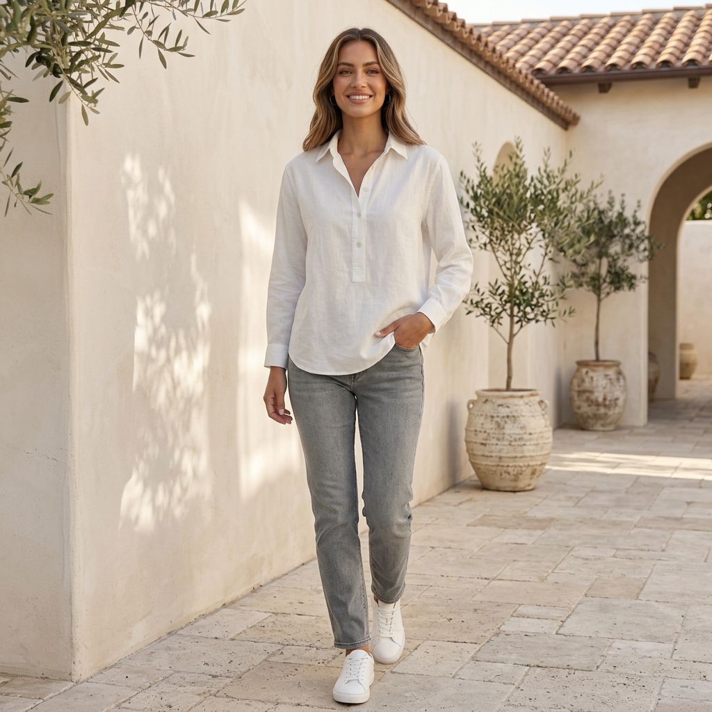 Relaxed-Fit V-Neck Popover Shirt with Cuffed Sleeves