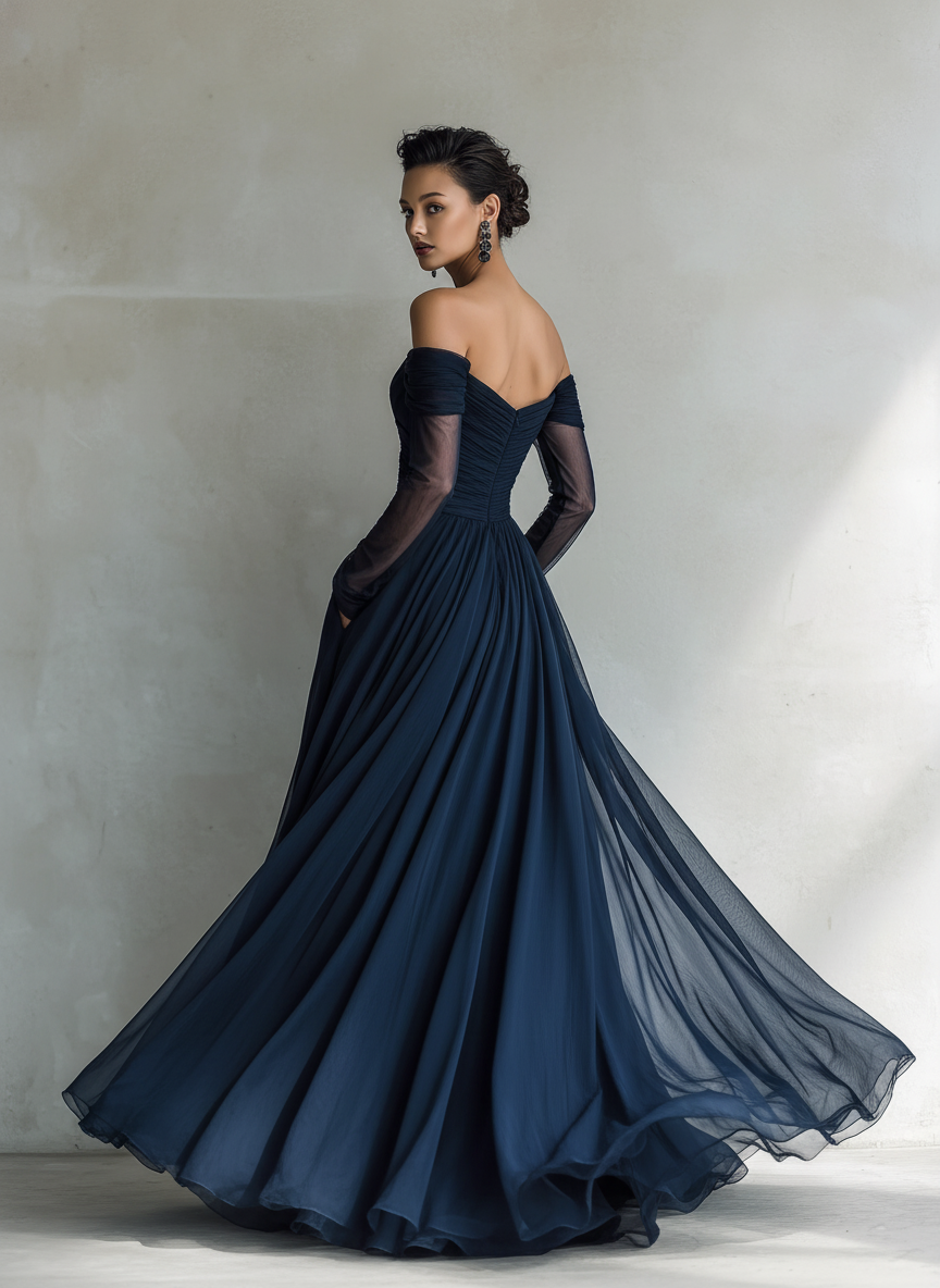 Dark Blue off-shoulder chiffon Formal Dress, back view