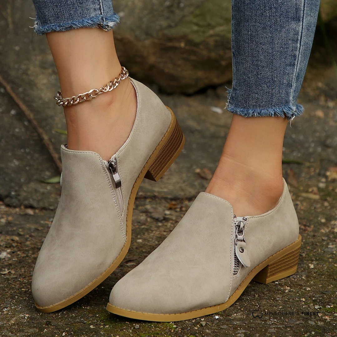 Beige orthopedic zip-up ankle Boots, front view