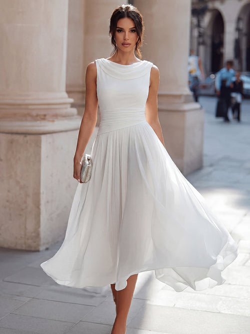 Draped neck sleeveless pleated occasion midi dress front view