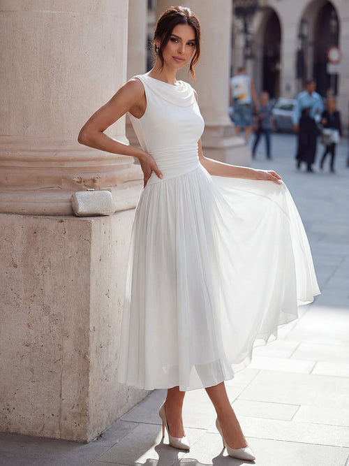 White draped neck pleated occasion midi dress side view