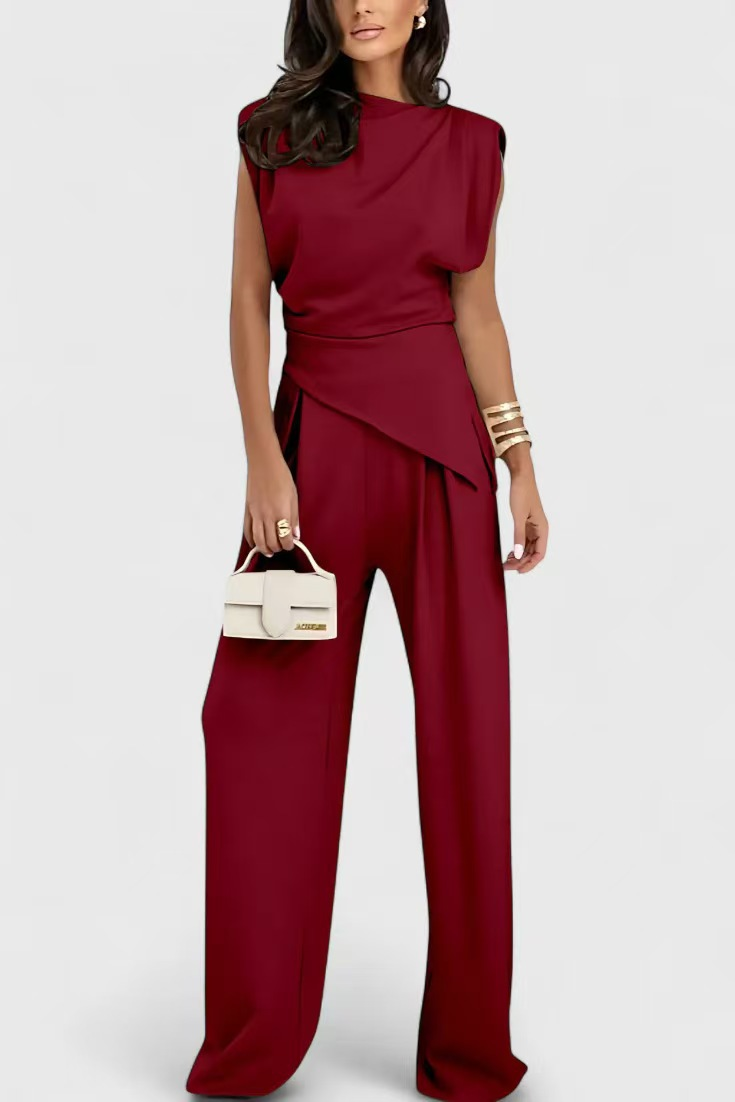Elegant Draped Two-Piece Set with Wide-Leg Pants