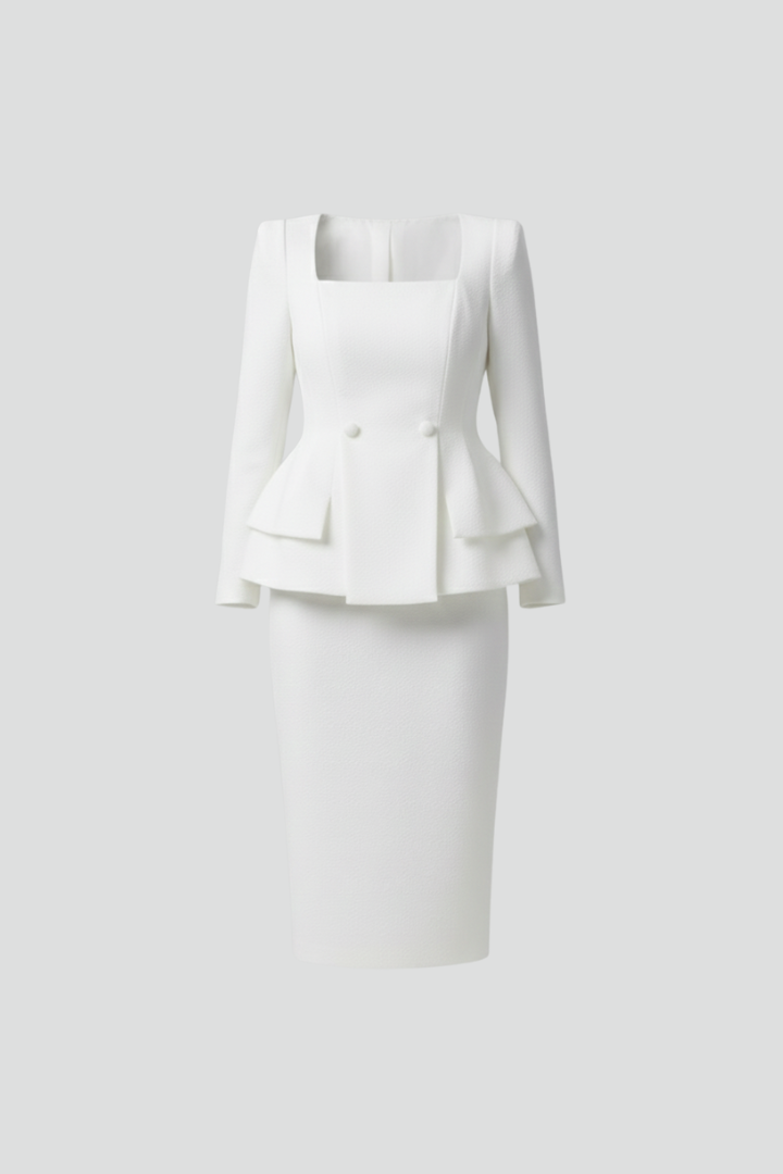 Square Neck Blazer and Midi Skirt Suit Set