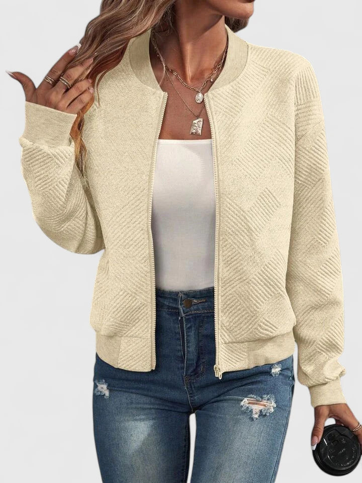 Grey Geometric Ribbed-Collar Bomber Jacket