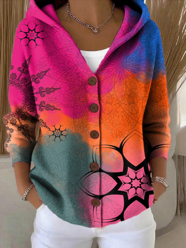 Multicolor artistic print button-front hoodie