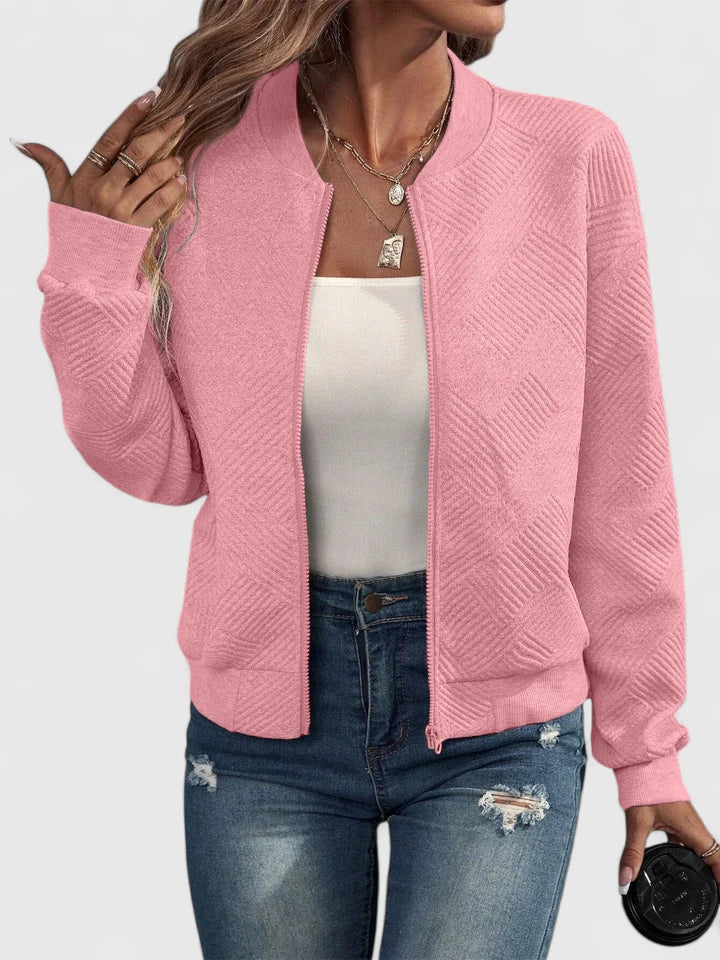 Grey Geometric Ribbed-Collar Bomber Jacket, front view