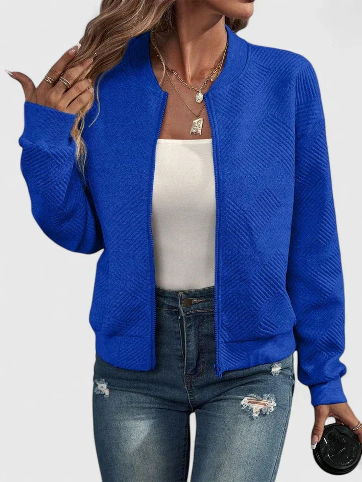 Grey Geometric Ribbed-Collar Bomber Jacket