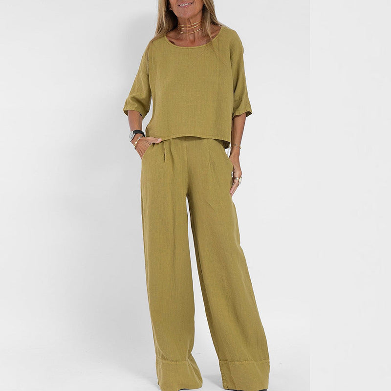 Linen Blend Wide Leg Trouser Set Summer