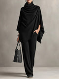 Black elegant drape wide-leg co-ord set, front view
