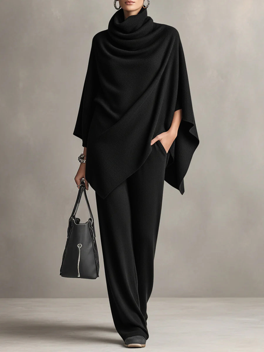 Black elegant drape wide-leg co-ord set, front view
