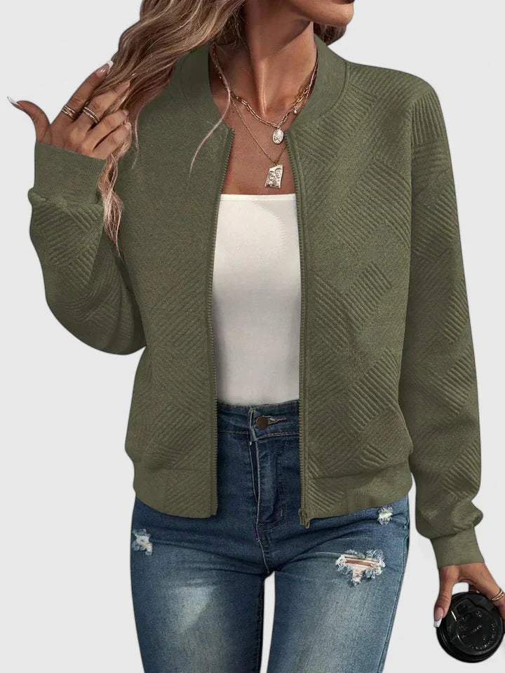 Grey Geometric Ribbed-Collar Bomber Jacket