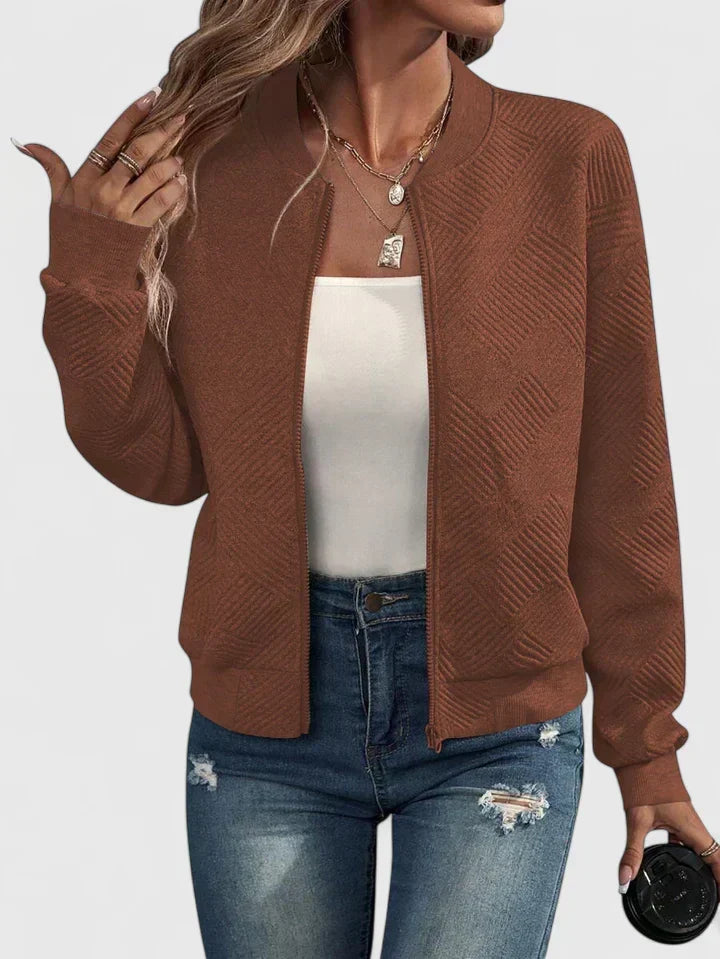 Grey Geometric Ribbed-Collar Bomber Jacket