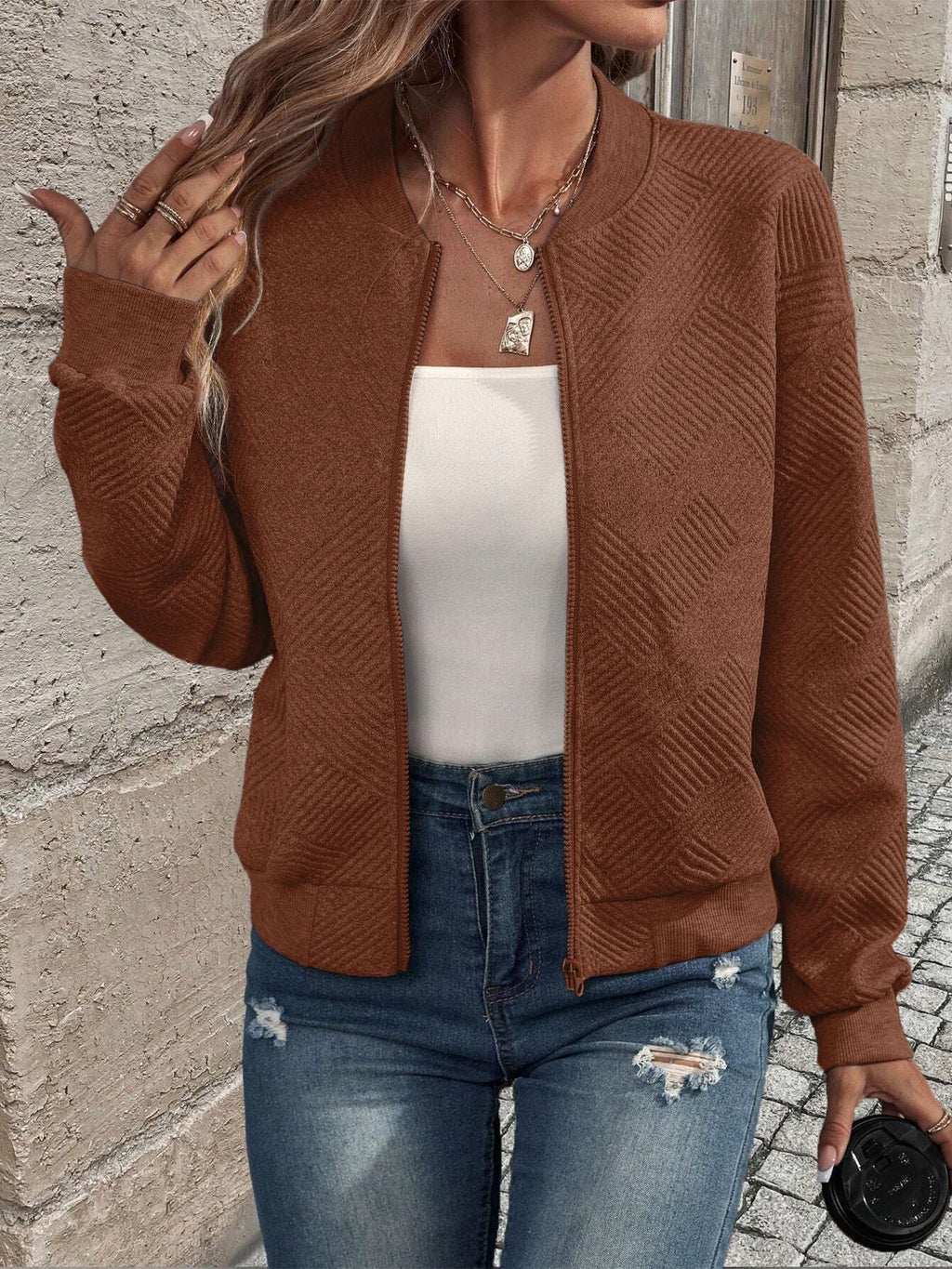 Blue casual pattern front zip cardigan