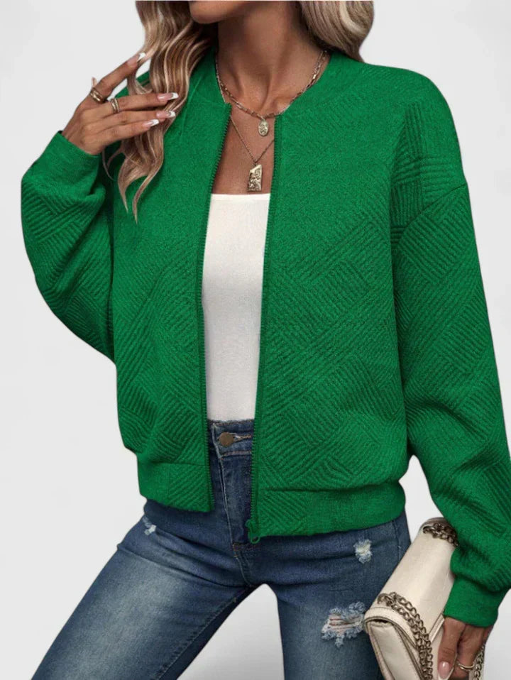 Grey Geometric Ribbed-Collar Bomber Jacket