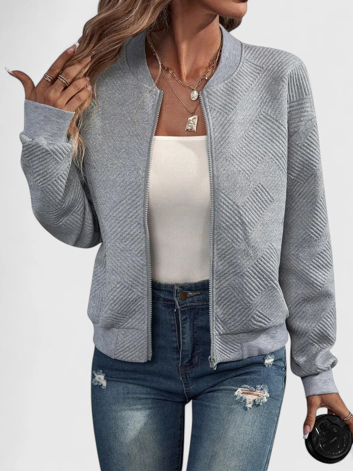 Grey Geometric Ribbed-Collar Bomber Jacket