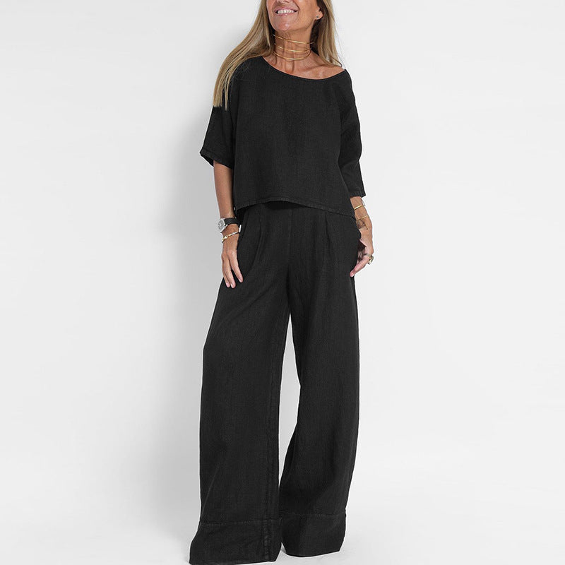 Linen Blend Wide Leg Trouser Set Summer