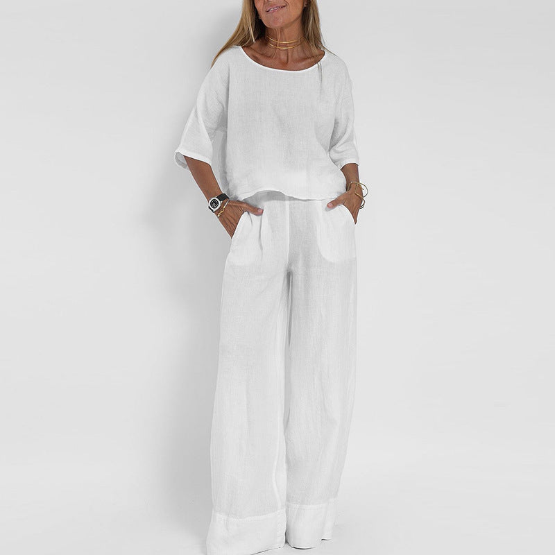Linen Blend Wide Leg Trouser Set Summer