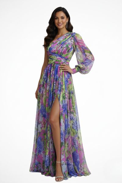 One Shoulder Floral Maxi Dress Wedding Guest